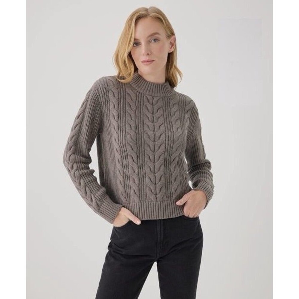 Pact Women's XS Cinder Heather Cable Knit Crew Sweater Soft Comfortable Top City